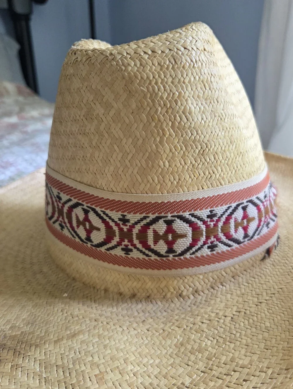 Vintage Par Excellence Straw Cowboy Hat with Decorative Band - Natural Straw
